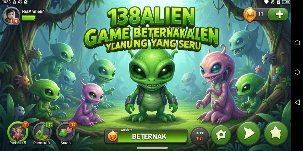 Screenshot utama 138ALIEN menampilkan peternakan alien yang penuh warna.